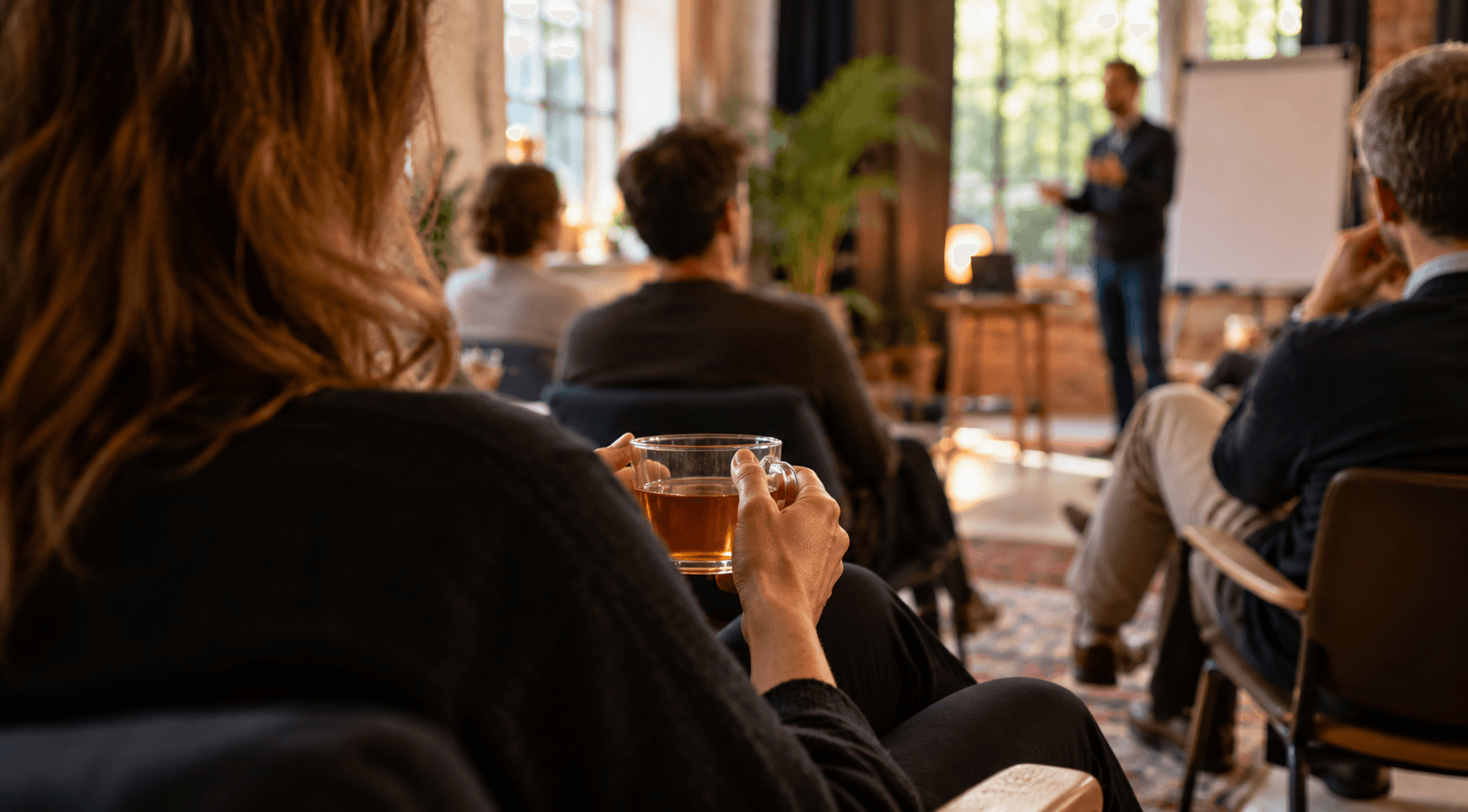 Teilnehmerin mit einem Glas Tee während eines Business Retreats