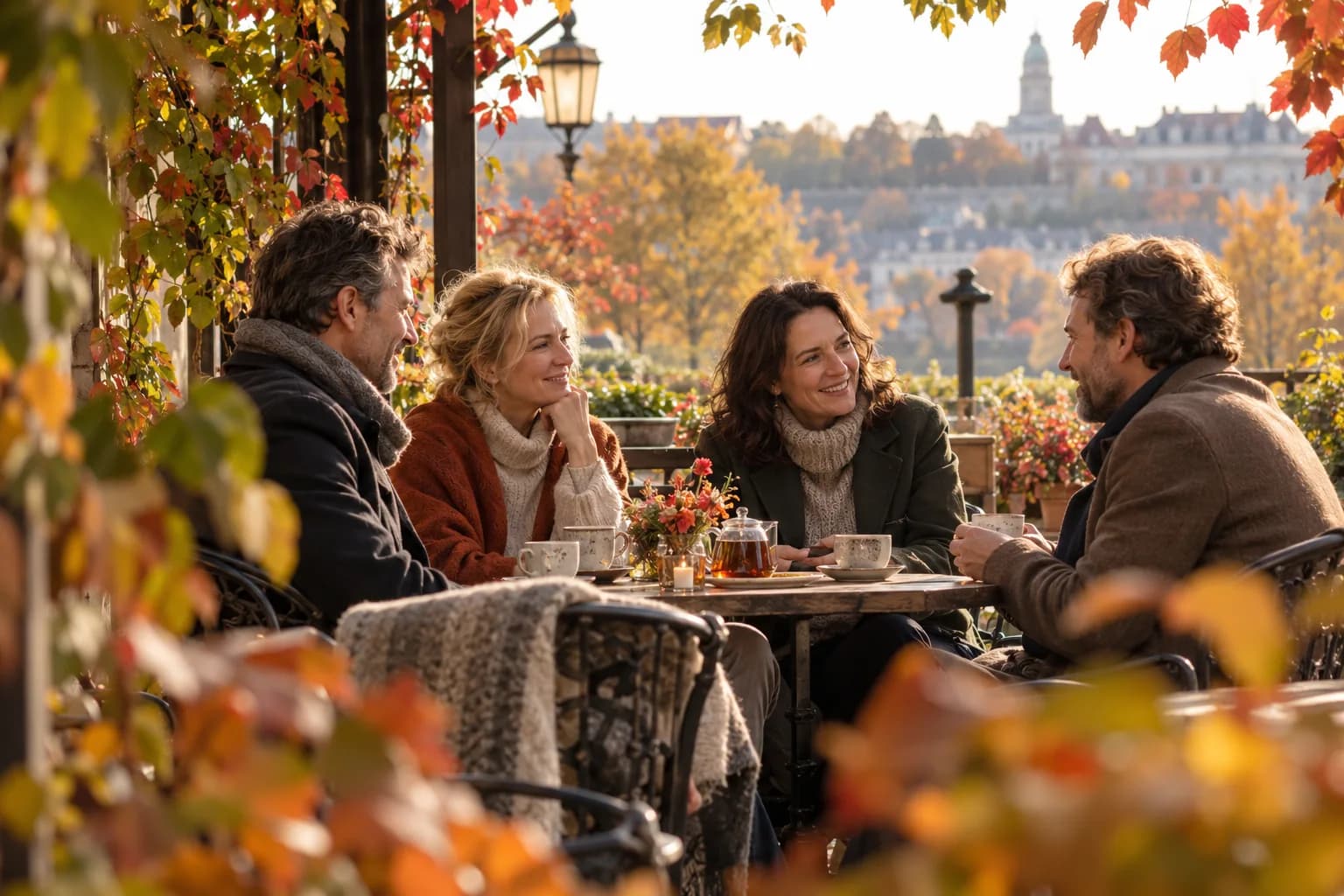 Illustrative Herbstszene: Frauen und Männer genießen einen entspannten Moment auf einer Caféterrasse.