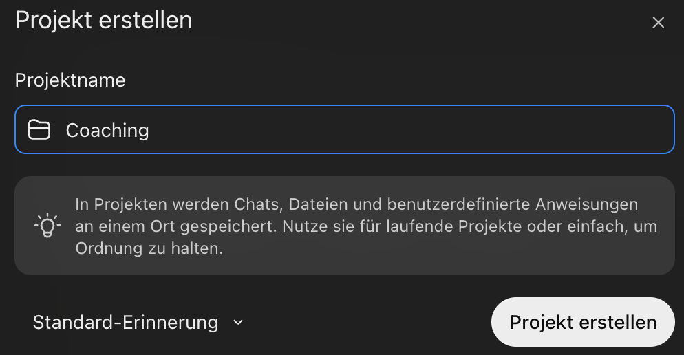 ChatGPT: Projektname Coaching und Projekt erstellen